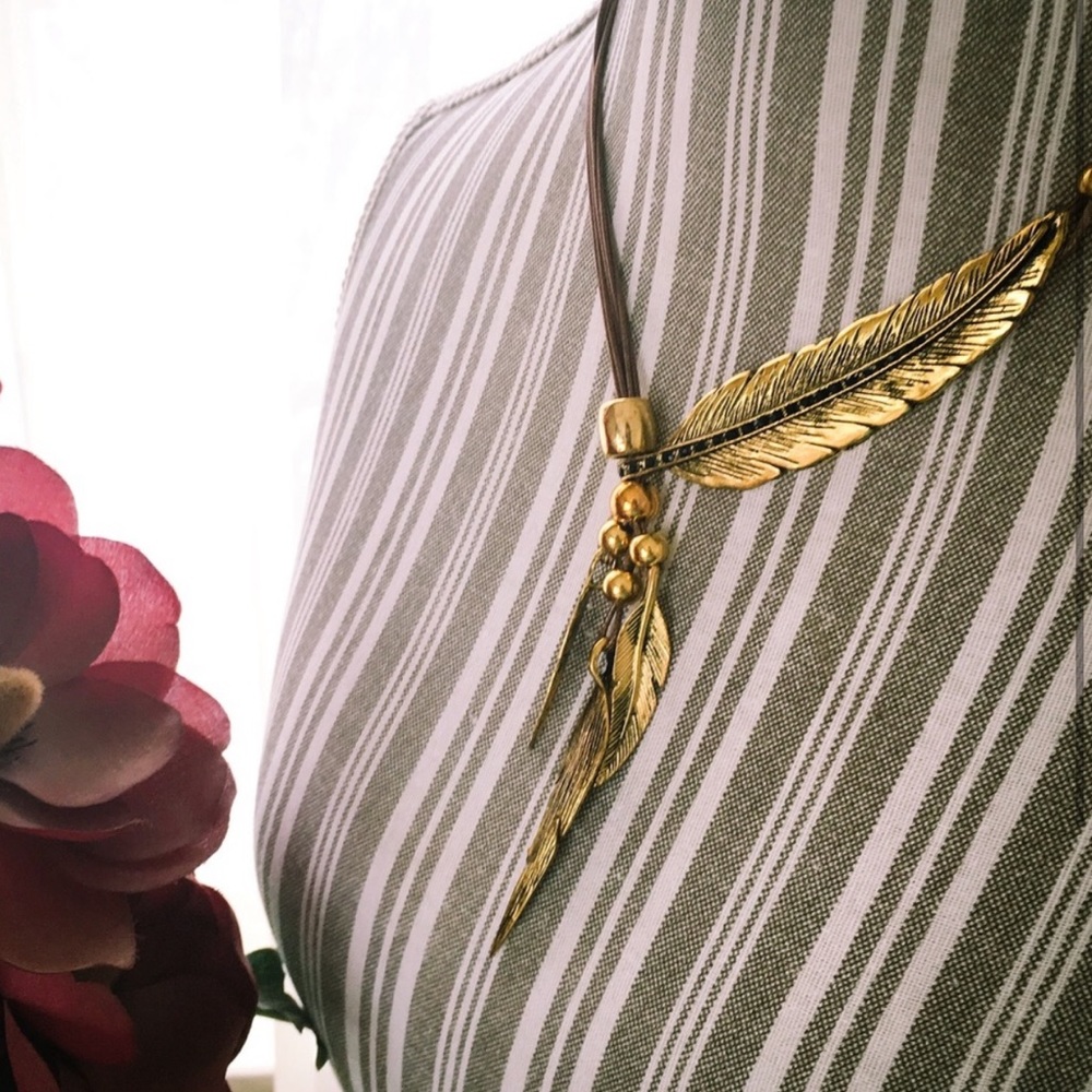 Unique Gold Feather Drop Rope Statement Necklace - image 2